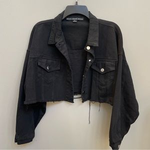 Black Oversized Cropped Distressed Denim Jean Jacket - Size M